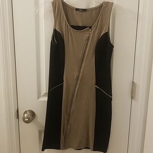 Suede Panel Color Block Dress Asymmetrical Zip